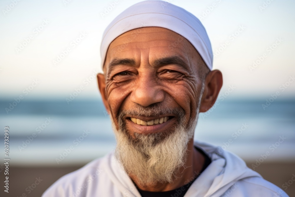 Portrait of happy senior muslim man smiling at camera on beach Portrait of happy senior muslim man smiling at camera on beach