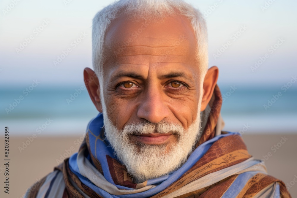 Portrait of an old man with white beard and scarf on the beach