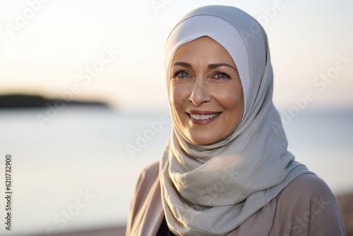 Muslim woman in hijab looking at camera with smile. Portrait of middle-aged muslim woman outdoors.