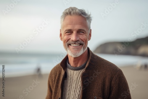 Portrait of happy senior man smiling at camera on beach during autumn day