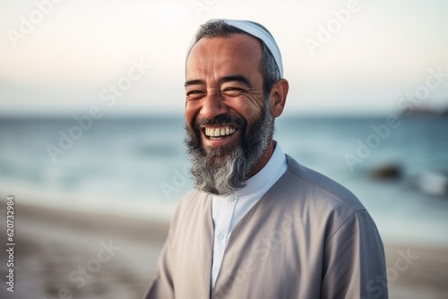 Medium shot portrait photography of a pleased man in his 50s wearing hijab against a beach background