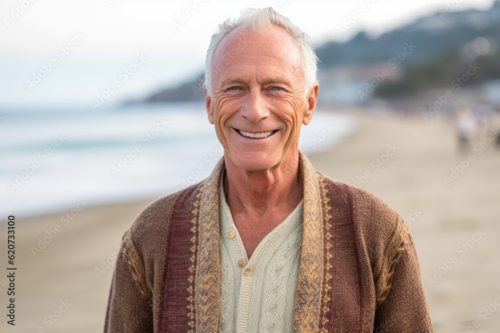 Portrait of happy senior man standing at beach on a sunny day Portrait of happy senior man standing at beach on a sunny day