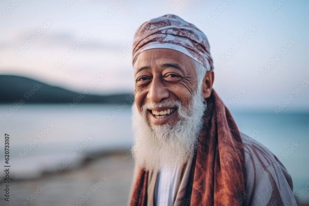 Portrait of senior man with white beard on the beach at sunset Portrait of senior man with white beard on the beach at sunset