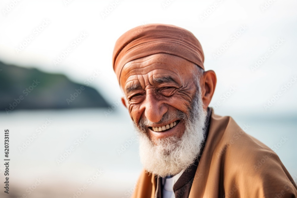 Portrait of a happy senior bearded man wearing turban on the beach Portrait of a happy senior bearded man wearing turban on the beach