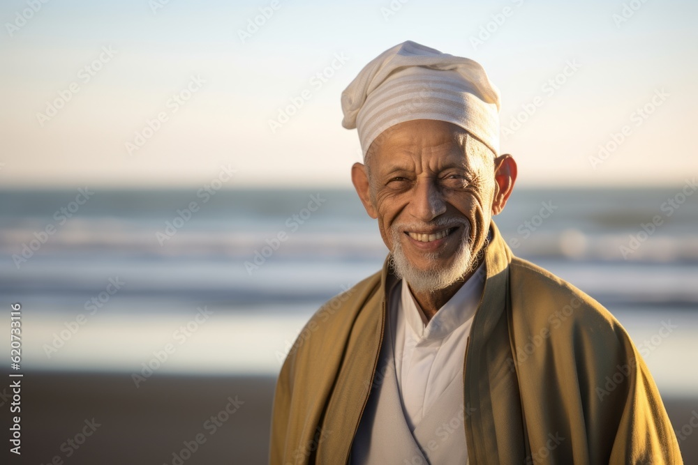 Portrait of happy senior arabian man smiling at the beach