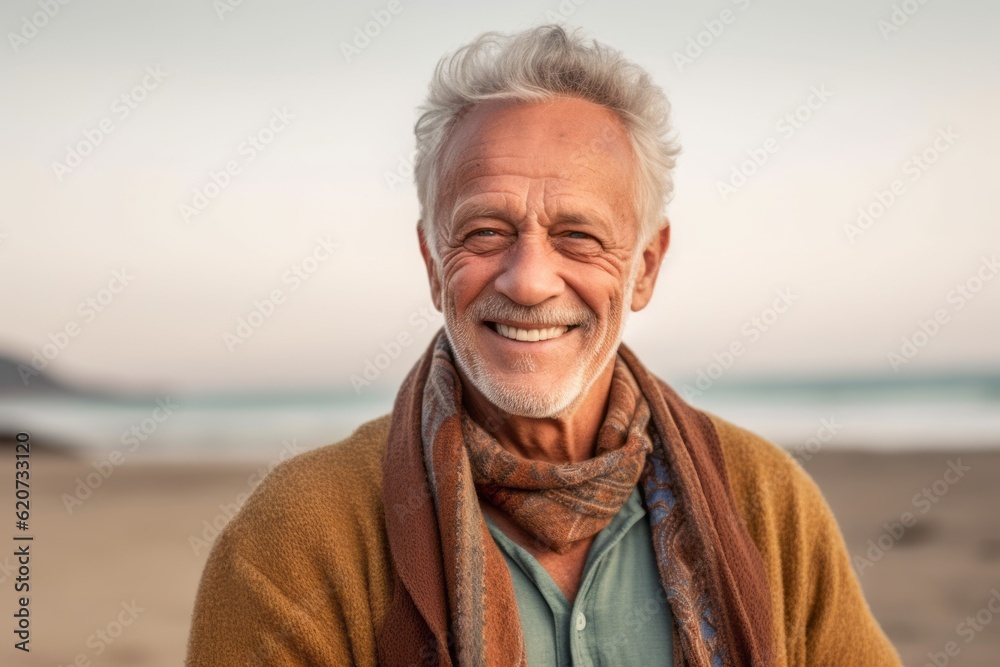 Portrait of senior man smiling at camera on beach during sunny day Portrait of senior man smiling at camera on beach during sunny day