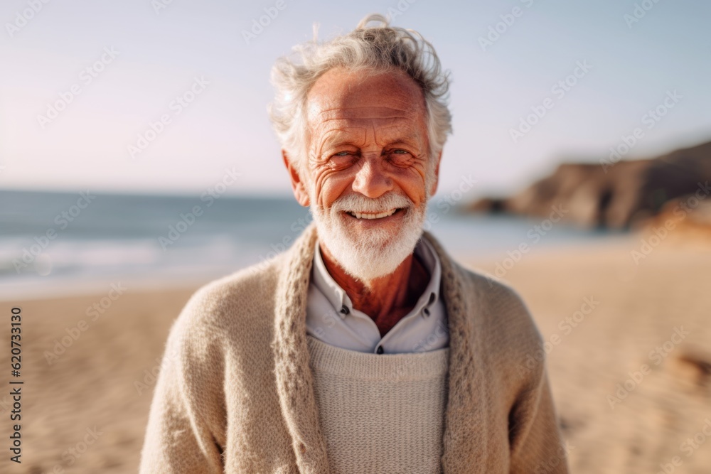 Portrait of smiling senior man standing on the beach at autumn day Portrait of smiling senior man standing on the beach at autumn day