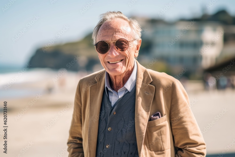 Portrait of smiling senior man wearing sunglasses and coat walking on beach