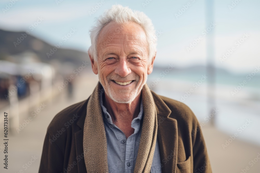Portrait of senior man smiling at camera at beach during sunny day Portrait of senior man smiling at camera at beach during sunny day
