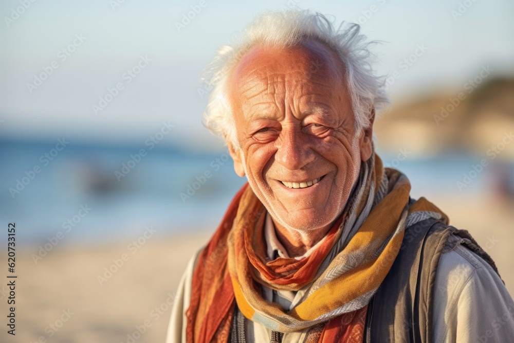 Portrait of happy senior man standing on the beach at autumn day