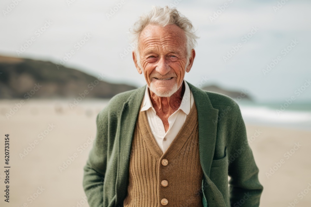 Portrait of happy senior man standing on beach and looking at camera
