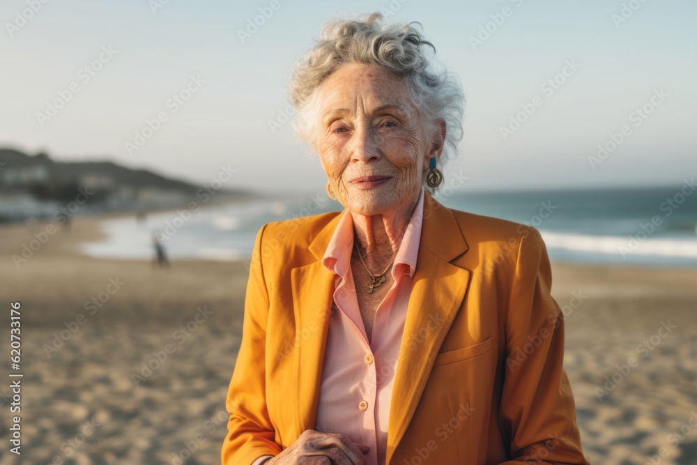 Portrait of happy senior woman standing on beach and looking at camera