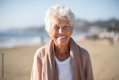 Portrait of smiling senior woman at the beach on a sunny day