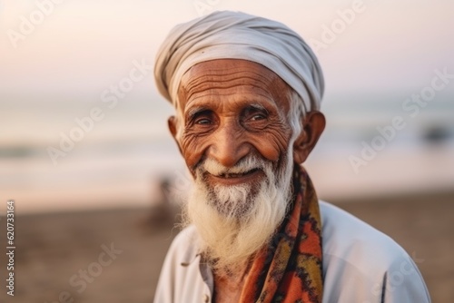 Portrait of an old man on the beach at sunset, India