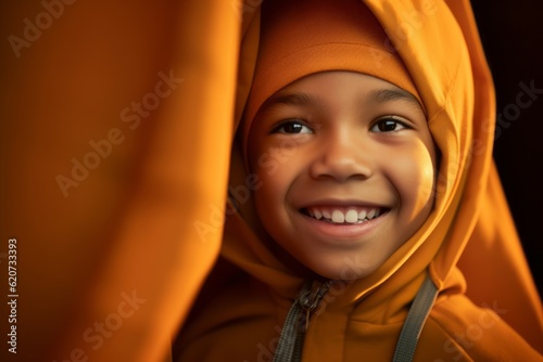 Portrait of a cute muslim little boy wearing a yellow hijab © Eber Braun