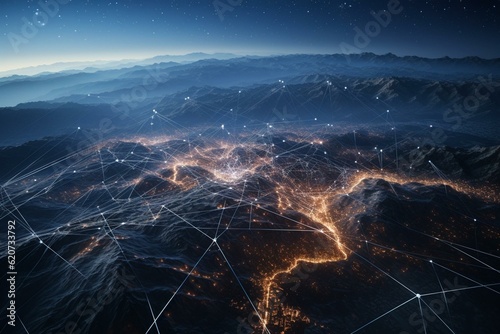 A technological landscape with blue mountains and network connections. Flying over dots and lines in space. Generative AI