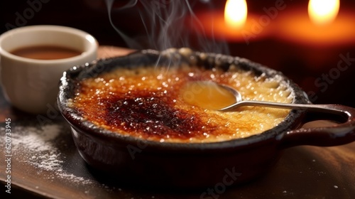 Crème Brûlée served in a rustic ceramic dish with a blowtorch used for caramelization in the background