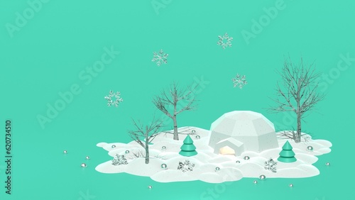 Christmas and Happy New Year Green Backdrop with 3d Ornaments Igloo, Trees, Christmas decoration, Snowflake, Christmas ball, 3d illustration