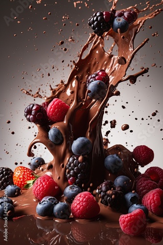 Vibrant Chocolate and Berry Splash Photography: Fresh Strawberries, Raspberries, Blueberries, Blackberries in Dynamic Motion