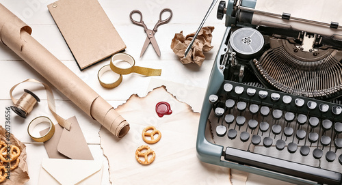 Vintage typewriter, parchments, crackers, ribbons and scissors on white wooden table