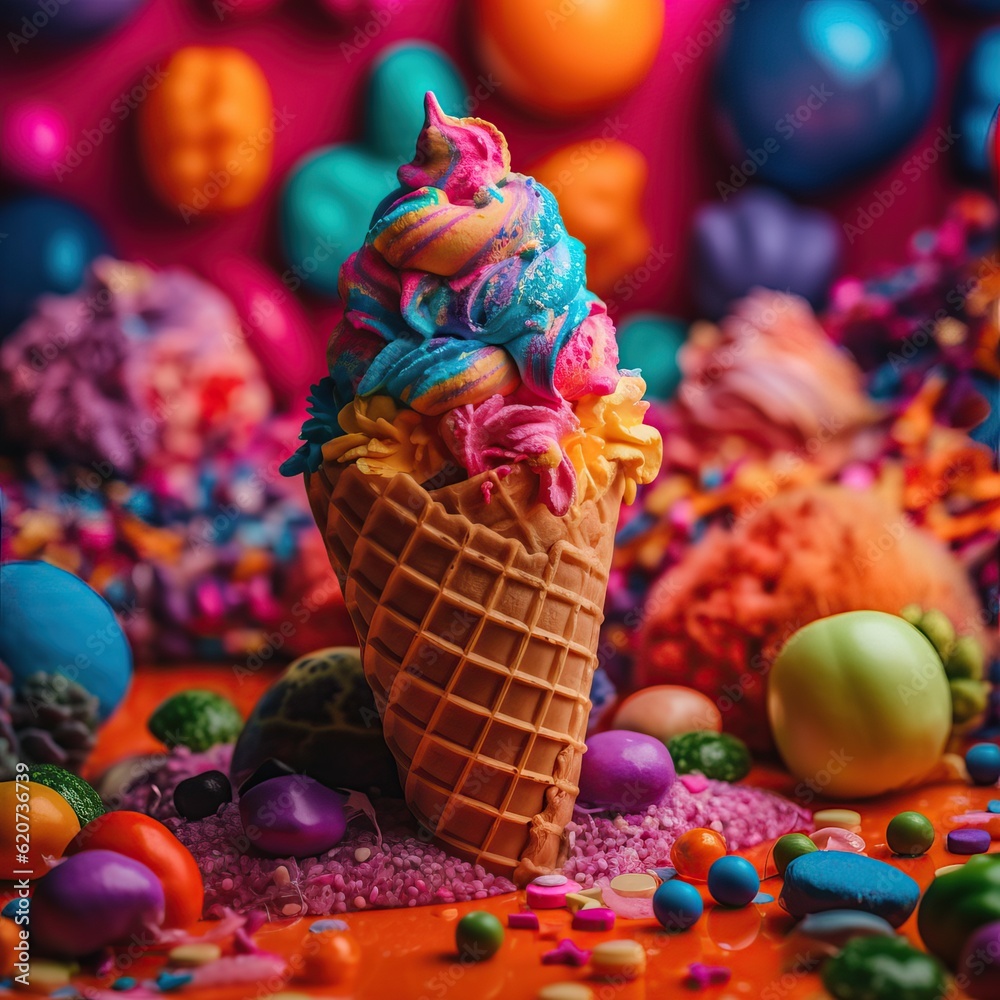 A waffle ice cream cone filled with a delicious freshly made colorful ice cream. Vibrant ice cream in a waffle cone. Happy background for kids with lots of colors.