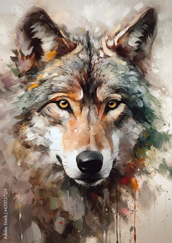 Abstract wolf painting  earthy colors  pastel painting style .Oil wolf portrait painting in multicolored tones. Generative AI