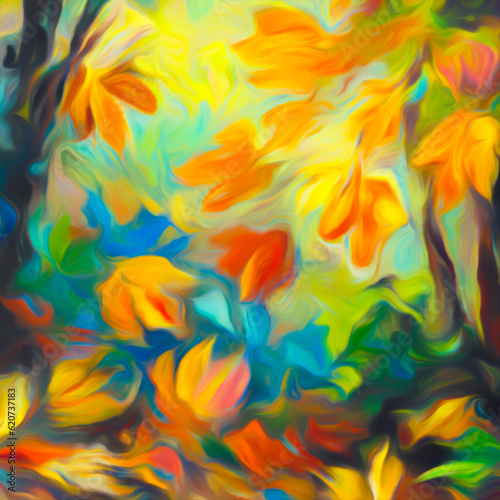 Impressionistic multicolored abstract of maple leaves falling in autumn woods. Generative AI, with digital painting effect.