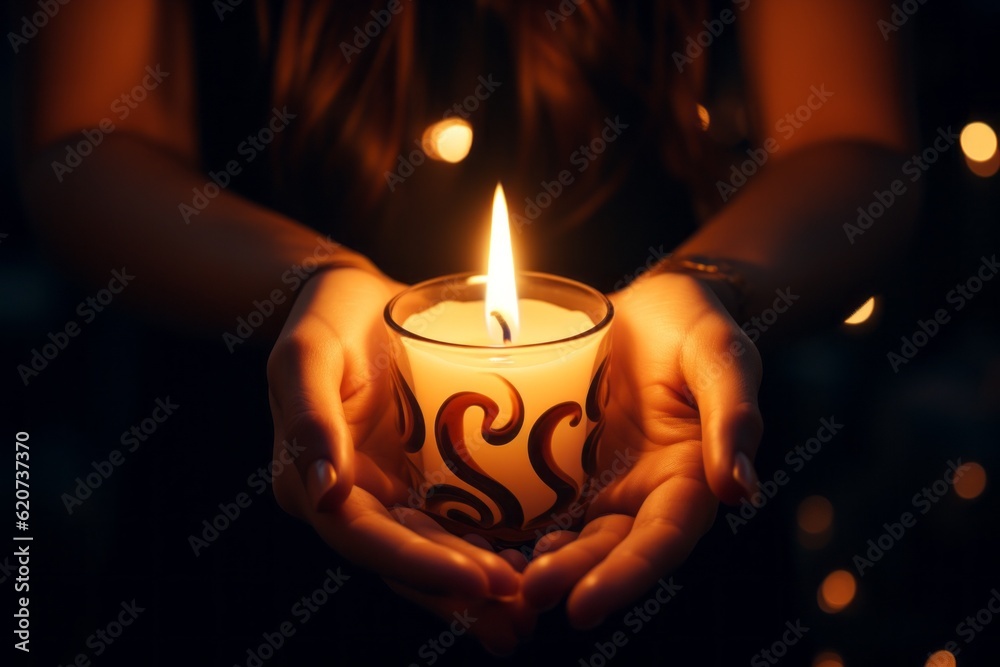 Burning candle in a candlestick in the hands of a woman, romance concept with selective focus. AI generated Burning candle in a candlestick in the hands of a woman, romance concept with selective focus. AI generated