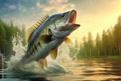 A fish jumps and splashes in a lake or pond. Fishing concept. Background with selective focus. AI generated