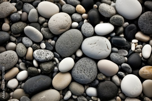 Abstract background with dry beautiful stones or pebbles, selective focus. AI generated, human enhanced.