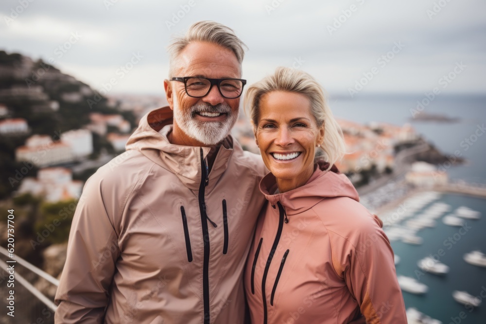 A couple of adult active people on a morning run. Portrait with selective focus