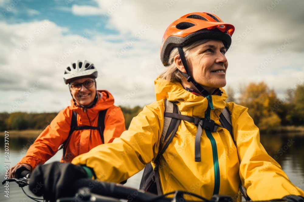 A couple of elderly active people ride bicycles. Portrait with selective focus and copy space A couple of elderly active people ride bicycles. Portrait with selective focus and copy space