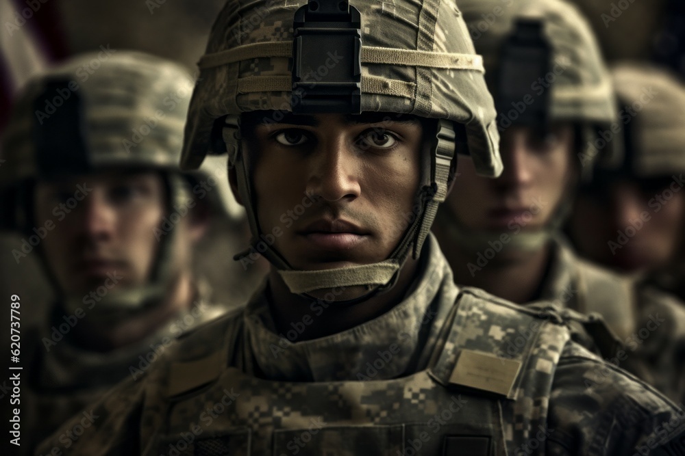 Portrait of an American soldier in the ranks with selective focus. AI generated, human enhanced Portrait of an American soldier in the ranks with selective focus. AI generated, human enhanced