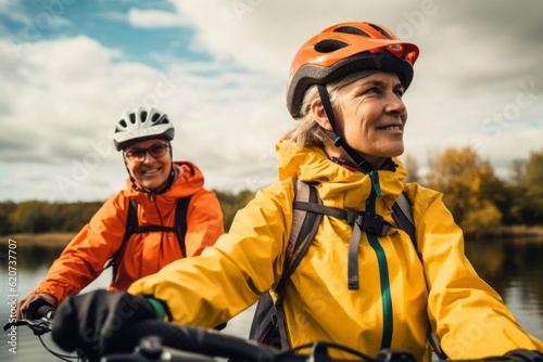 A couple of elderly active people ride bicycles. Portrait with selective focus and copy space