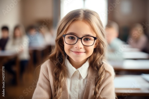 Cute happy child at the lesson. Back To School concept. Background with selective focus