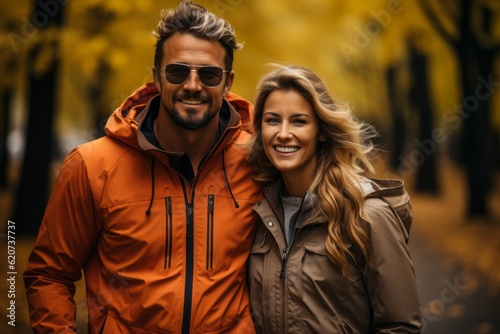 Man and woman couple after autumn run. Background with selective focus and copy space