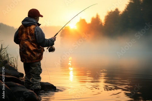 The boy is a fisherman on a fishing trip. Background with selective focus and copy space