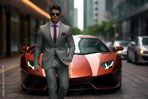Successful male businessman next to an expensive luxury car. Background with selective focus. AI generated