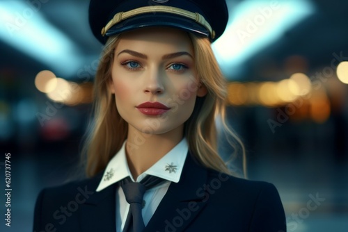 Stewardess. Background with selective focus. AI generated, human enhanced