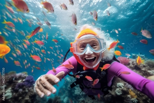 Old female diver enjoys the underwater world. Portrait with selective focus and copy space