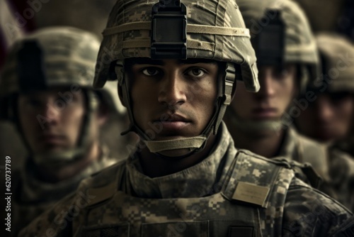 Portrait of an American soldier in the ranks with selective focus. AI generated, human enhanced