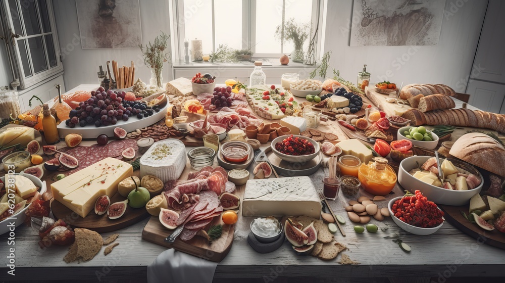 Rich and delicious breakfast on table. White kitchen interior with richly laid table. Meat, cheese, fruits, vegetables, bread for healthy eating. 