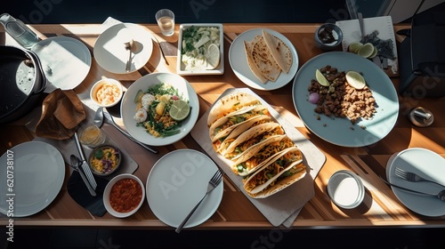 Traditional Mexican street, fast food.  Tacos, meat, vegetables, avocado, beans, corn, salsa on the family lunch table. Served with various sauces. Mexican holiday flatlay. Wooden table. Generative AI photo