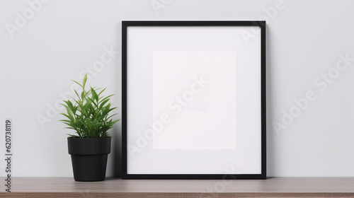 A picture frame and potted plant on a shelf © LabirintStudio