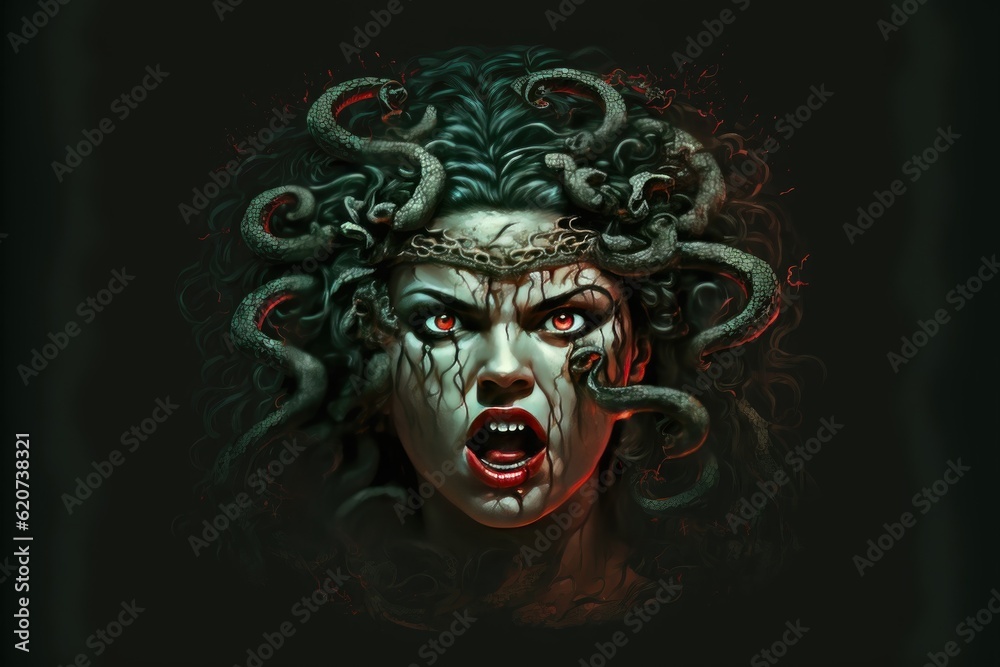 Angry Medusa demon depiction on isoalted background