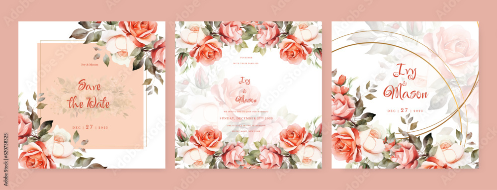 Floral wedding invitation template set with flowers and leaves decoration. Botanic card design concept Floral wedding invitation template set with flowers and leaves decoration. Botanic card design concept