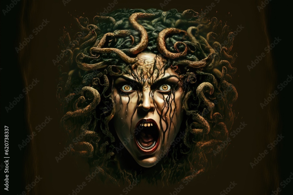 Snake haired female demon face with open mouth expressing rage