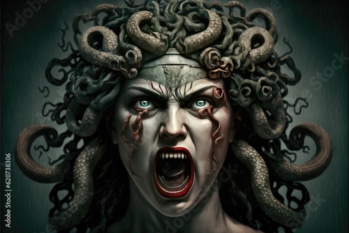 Demonic enraged Medusa screaming with mouth open. Isolated background. Close up.