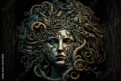 Depiction of Medusa with demons for hair. Head shot. Close up.