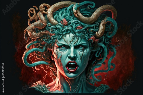 Enraged Medusa bust with snakes in hair and mouth open